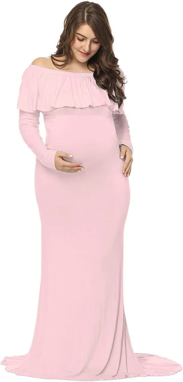 JustVH Maternity Fitted Elegant Gown Long Sleeve Off Shoulder Ruffles Maxi Photography Dress for Photoshoot