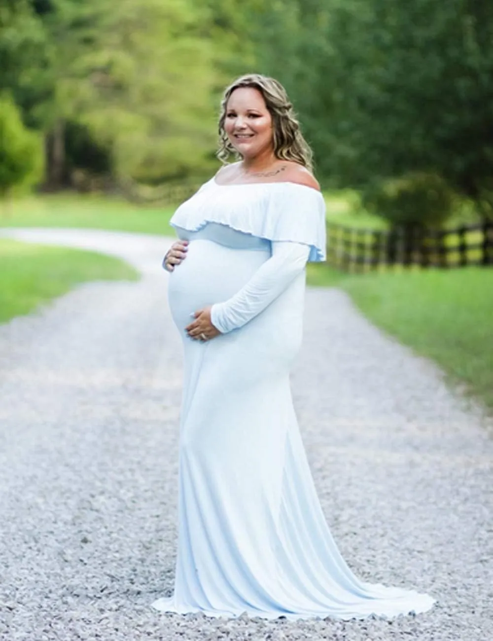 JustVH Maternity Fitted Elegant Gown Long Sleeve Off Shoulder Ruffles Maxi Photography Dress for Photoshoot