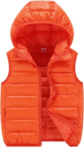 KAGAYD Kids Boys Girls Puffer Hooded Vest Winter Warm Sleeveless Padded Vest Jacket Solid Color Zip-up Outwear