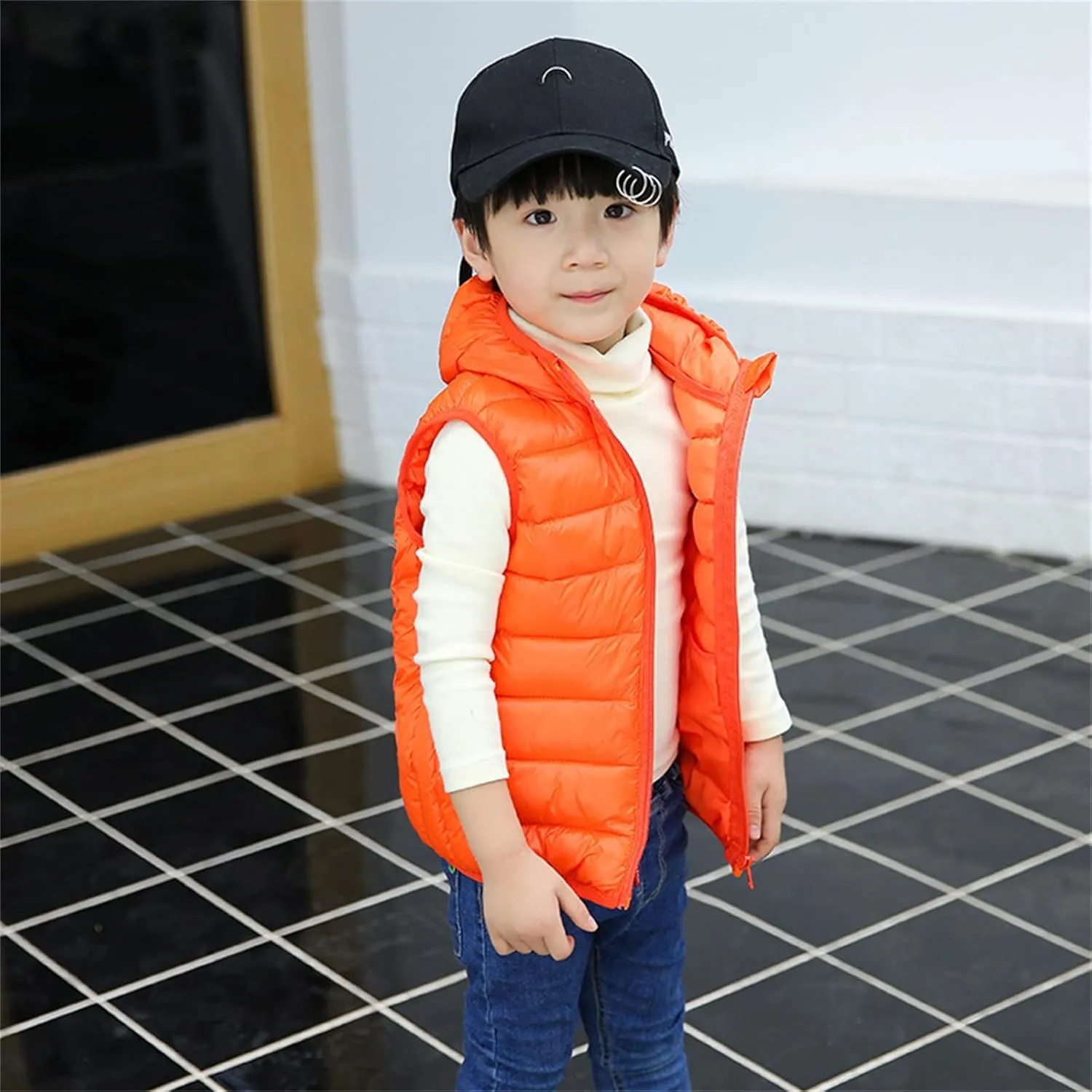 KAGAYD Kids Boys Girls Puffer Hooded Vest Winter Warm Sleeveless Padded Vest Jacket Solid Color Zip-up Outwear