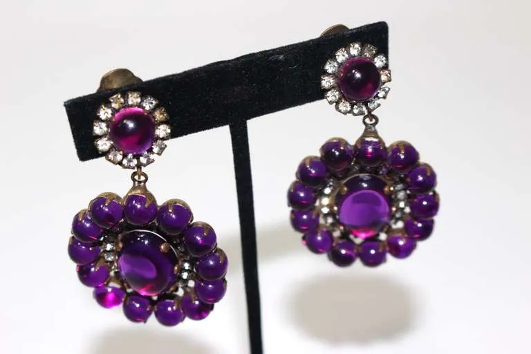 KENNETH JAY LANE Large Purple and Rhinestone Clip Earrings