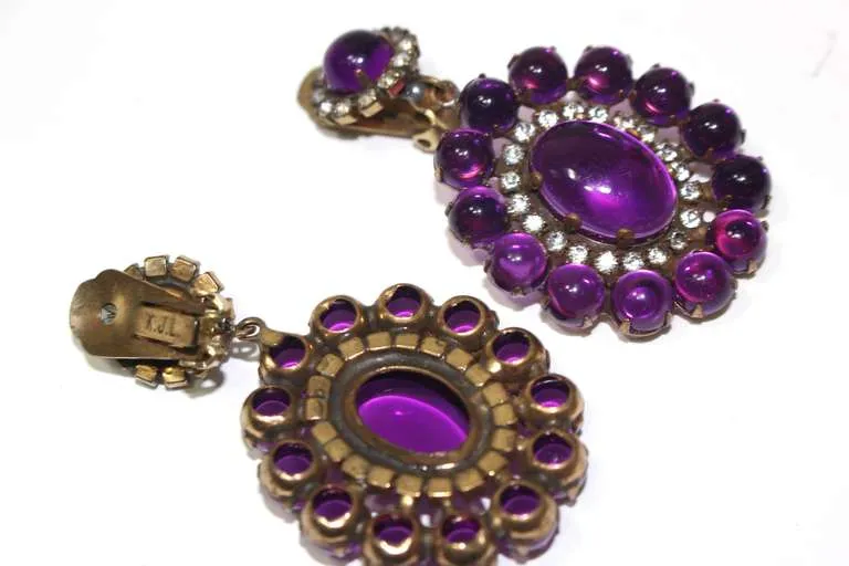 KENNETH JAY LANE Large Purple and Rhinestone Clip Earrings