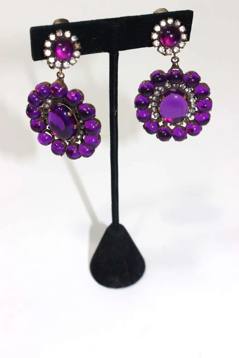 KENNETH JAY LANE Large Purple and Rhinestone Clip Earrings