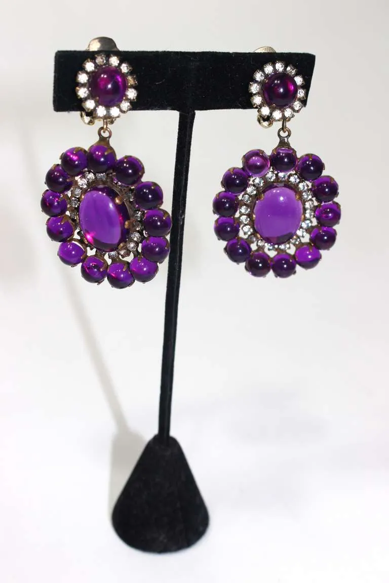 KENNETH JAY LANE Large Purple and Rhinestone Clip Earrings
