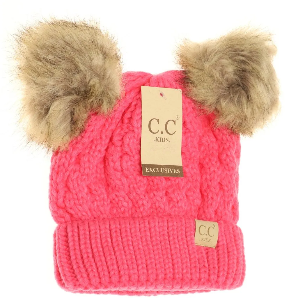 KIDS CABLE KNIT DOUBLE FUR POM BEANIE
