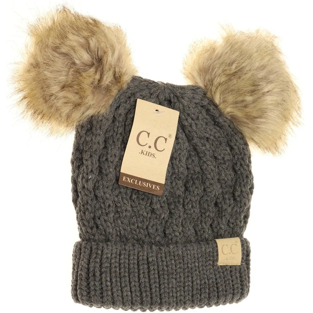 KIDS CABLE KNIT DOUBLE FUR POM BEANIE