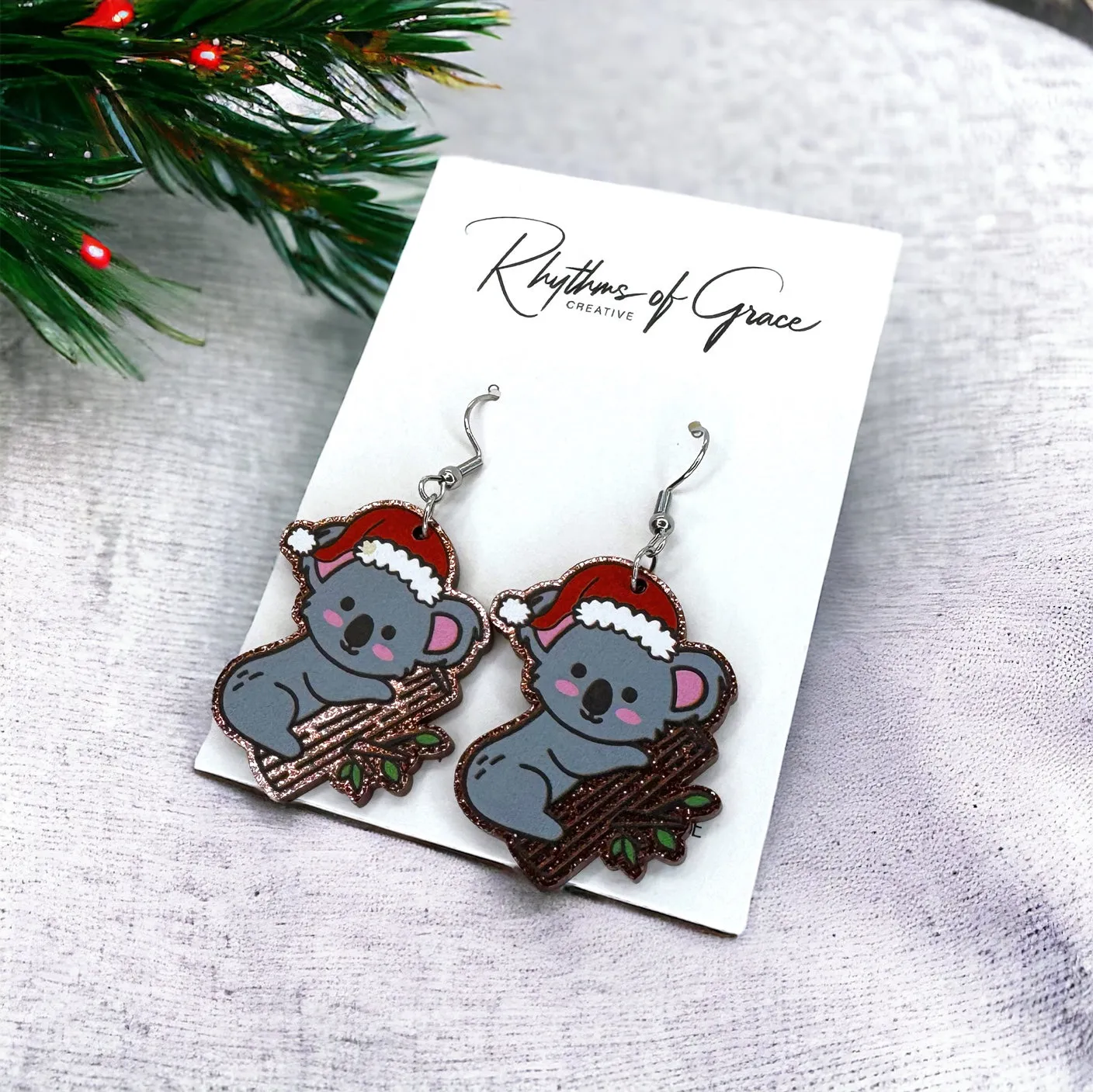 Koala Earrings - Christmas Earrings, Koala Christmas, Christmas Jewelry, Christmas Jewelry, Handmade Earrings, Santa Hat, Koala Santa