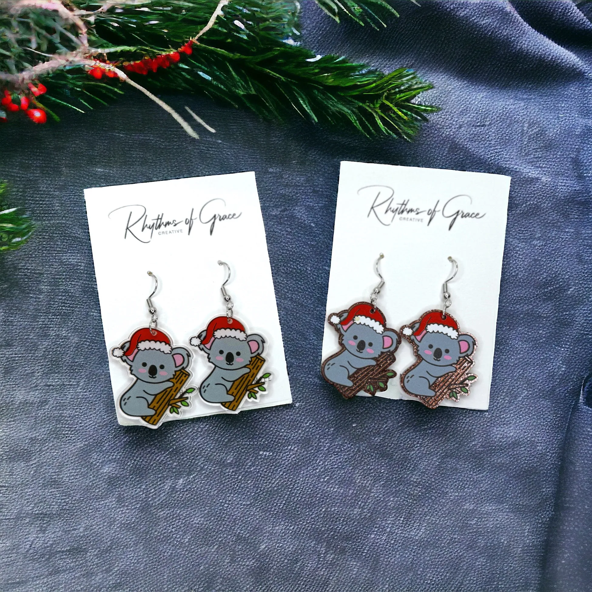 Koala Earrings - Christmas Earrings, Koala Christmas, Christmas Jewelry, Christmas Jewelry, Handmade Earrings, Santa Hat, Koala Santa