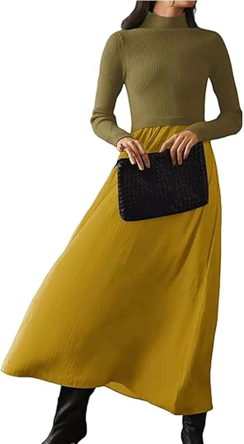 Lauweion Women's Turtleneck Sweater Maxi Dress Long Sleeve Slim Fit Ribbed Knit Pullover Jumper Top Fall Flowy Long Dresses