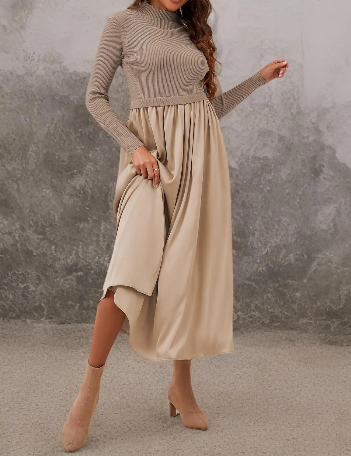 Lauweion Women's Turtleneck Sweater Maxi Dress Long Sleeve Slim Fit Ribbed Knit Pullover Jumper Top Fall Flowy Long Dresses