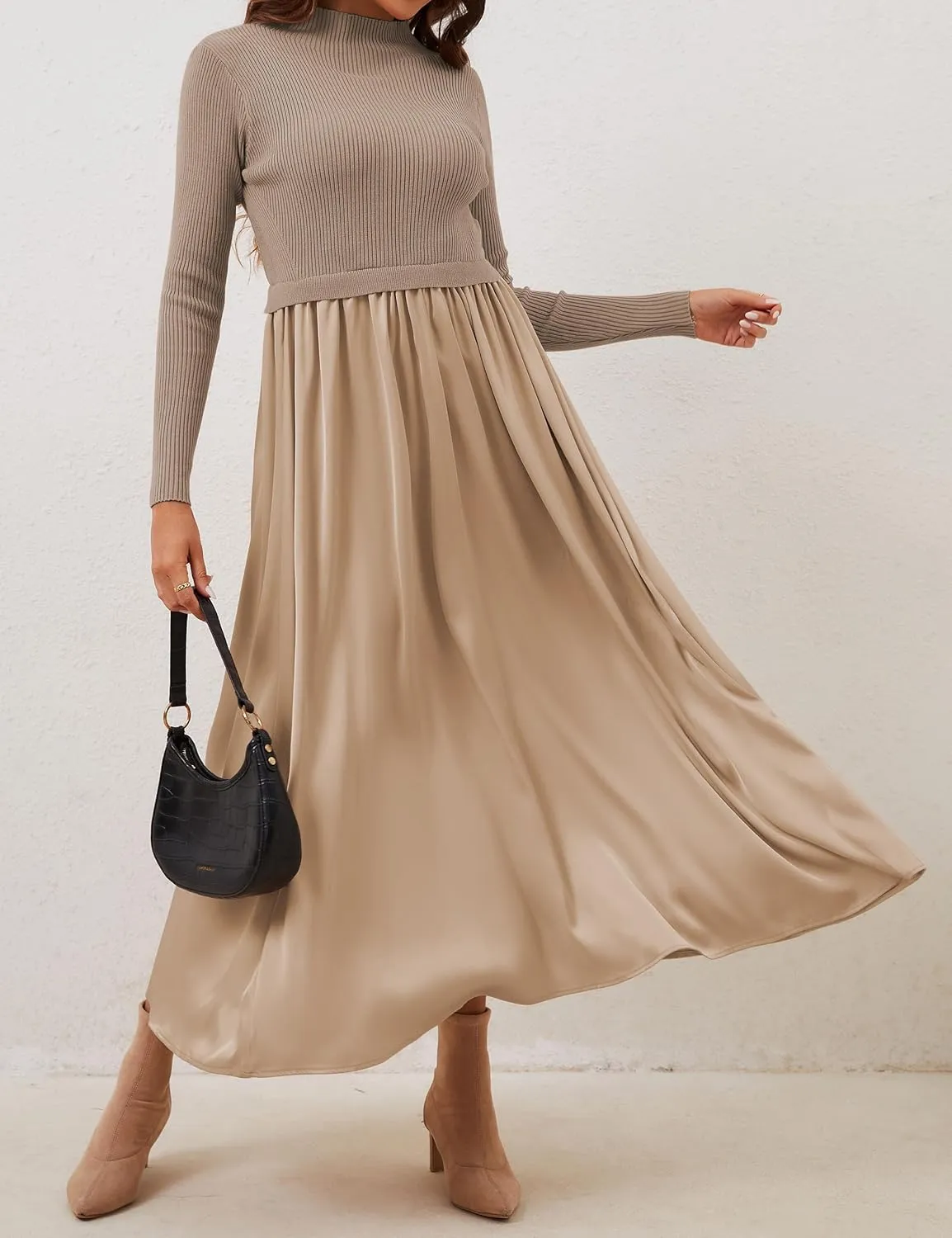 Lauweion Women's Turtleneck Sweater Maxi Dress Long Sleeve Slim Fit Ribbed Knit Pullover Jumper Top Fall Flowy Long Dresses