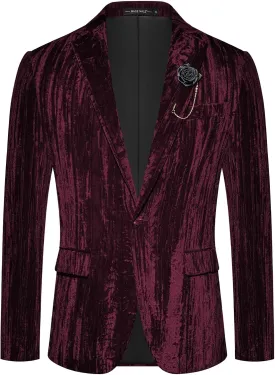MAGE MALE Men's Velvet Tuxedo Jacket Vintage Print One Button Notched Lapel Slim Fit Blazer Prom Party Suit Coat