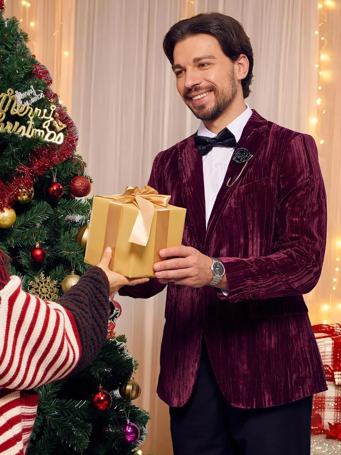 MAGE MALE Men's Velvet Tuxedo Jacket Vintage Print One Button Notched Lapel Slim Fit Blazer Prom Party Suit Coat