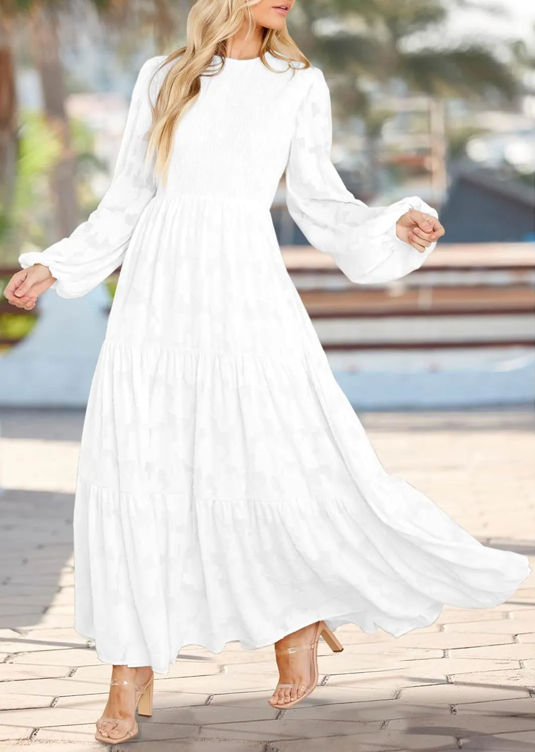 MITILLY Women's Elegant Floral Long Sleeve Round Neck Smocked A-Line Flowy Tiered Maxi Dress with Pockets