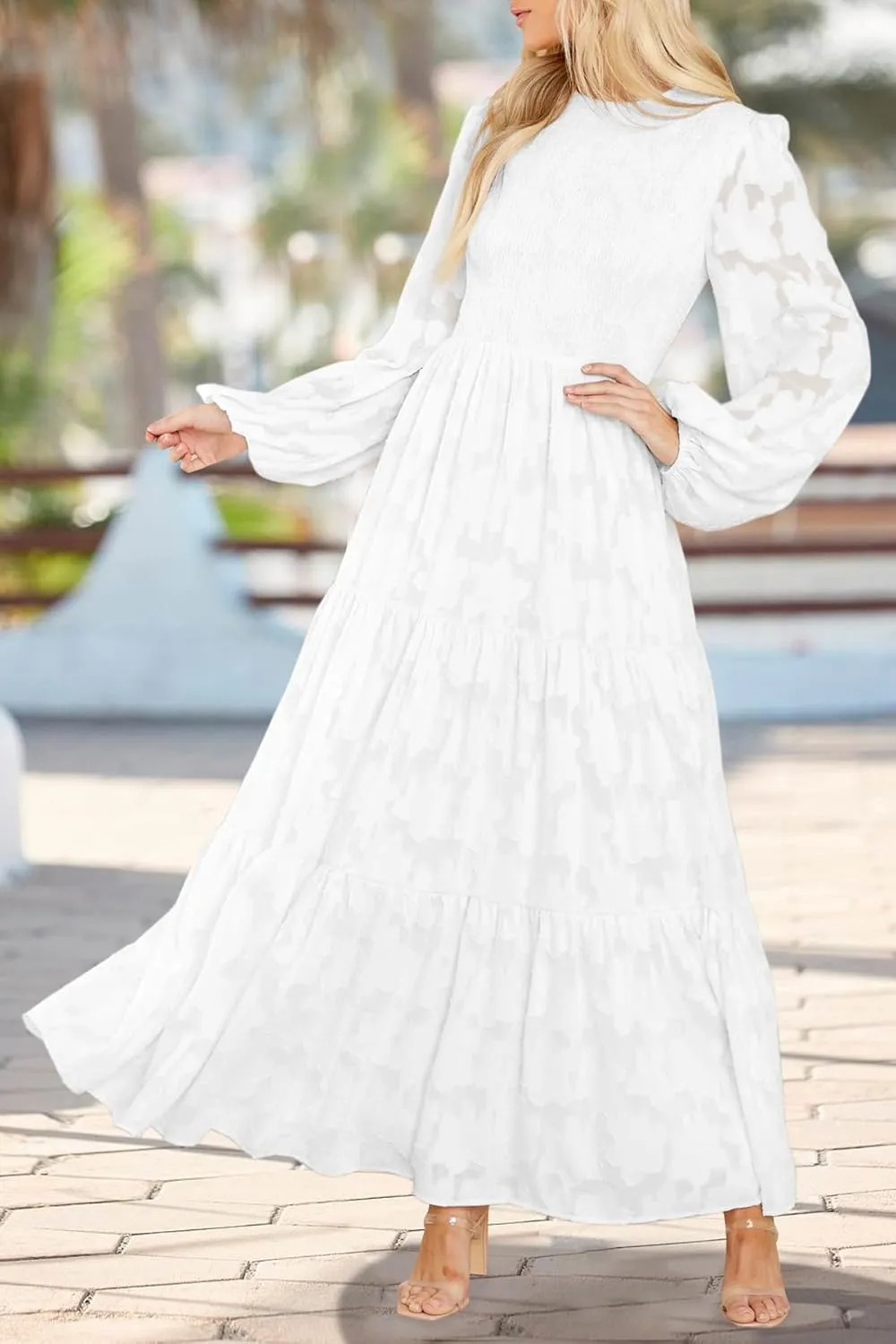 MITILLY Women's Elegant Floral Long Sleeve Round Neck Smocked A-Line Flowy Tiered Maxi Dress with Pockets