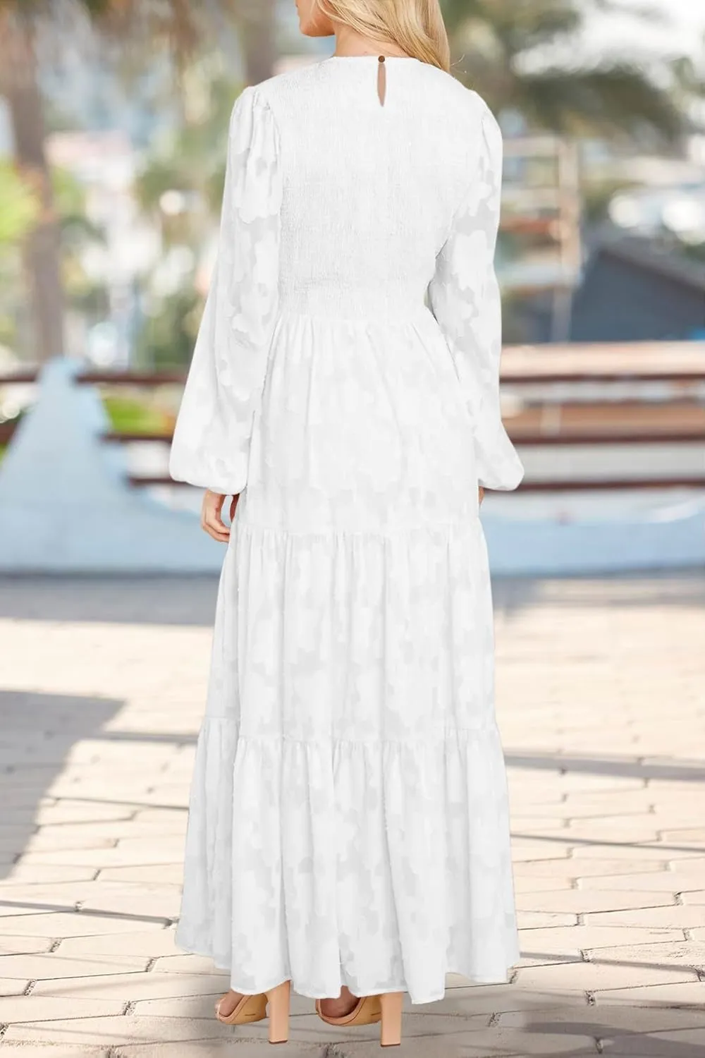 MITILLY Women's Elegant Floral Long Sleeve Round Neck Smocked A-Line Flowy Tiered Maxi Dress with Pockets