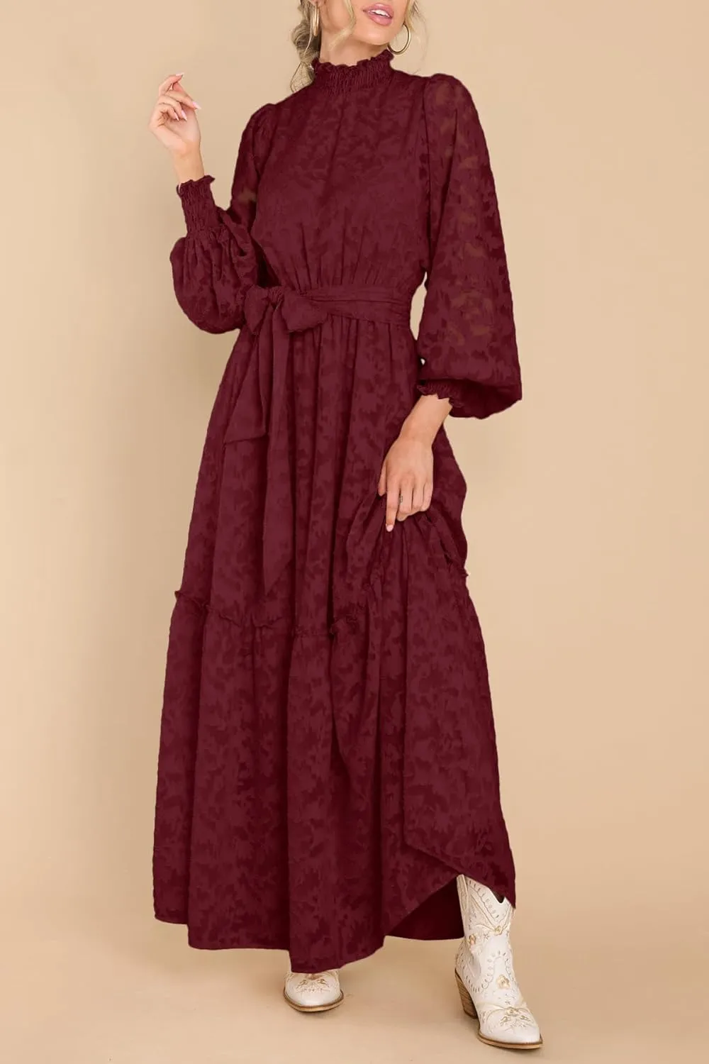 MITILLY Women's Fall Dresses Elegant Floral High Neck Long Sleeve Elastic Waist Formal Maxi Dress with Belt