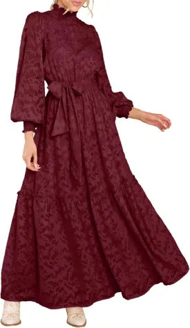 MITILLY Women's Fall Dresses Elegant Floral High Neck Long Sleeve Elastic Waist Formal Maxi Dress with Belt