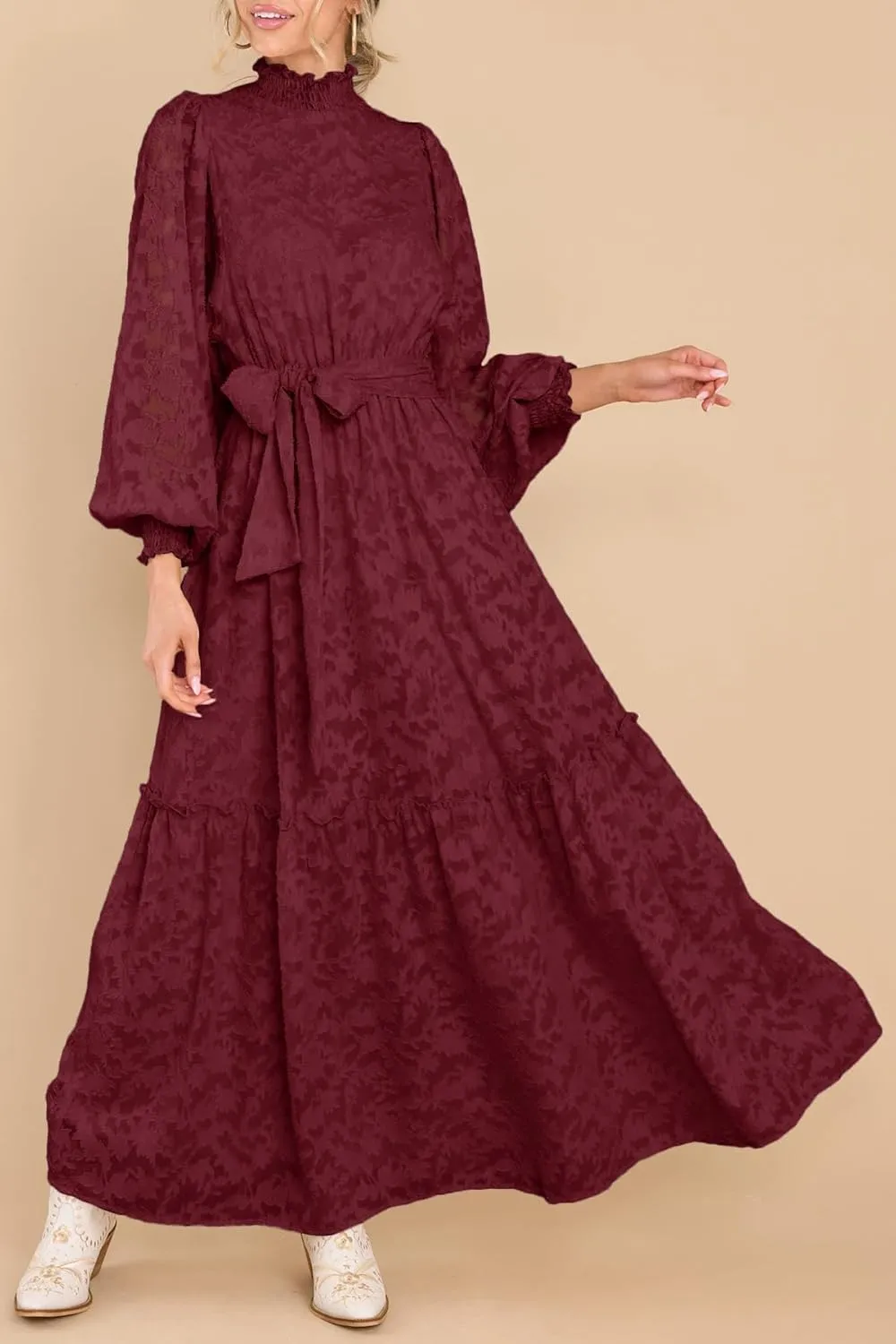 MITILLY Women's Fall Dresses Elegant Floral High Neck Long Sleeve Elastic Waist Formal Maxi Dress with Belt