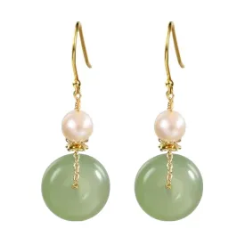 Natural Jade & Freshwater Pearls Earrings Dainty Handmade Earrings for Women Dangle Hook Earrings Drop Earrings Lucky Jewelry Gift for Mom Lover Her (14K Gold Filled)