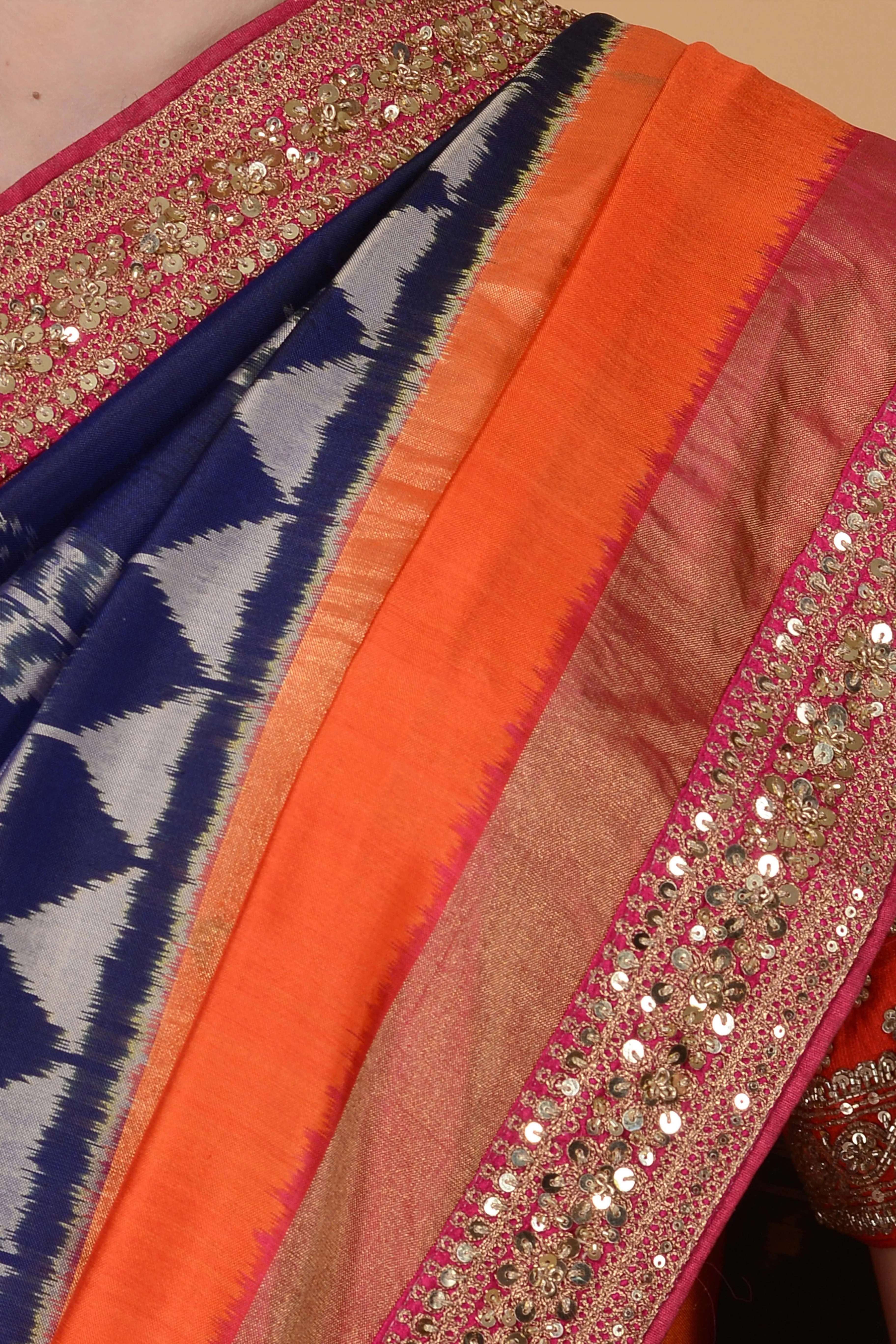 Navy Blue with orange and Pink Border Saree