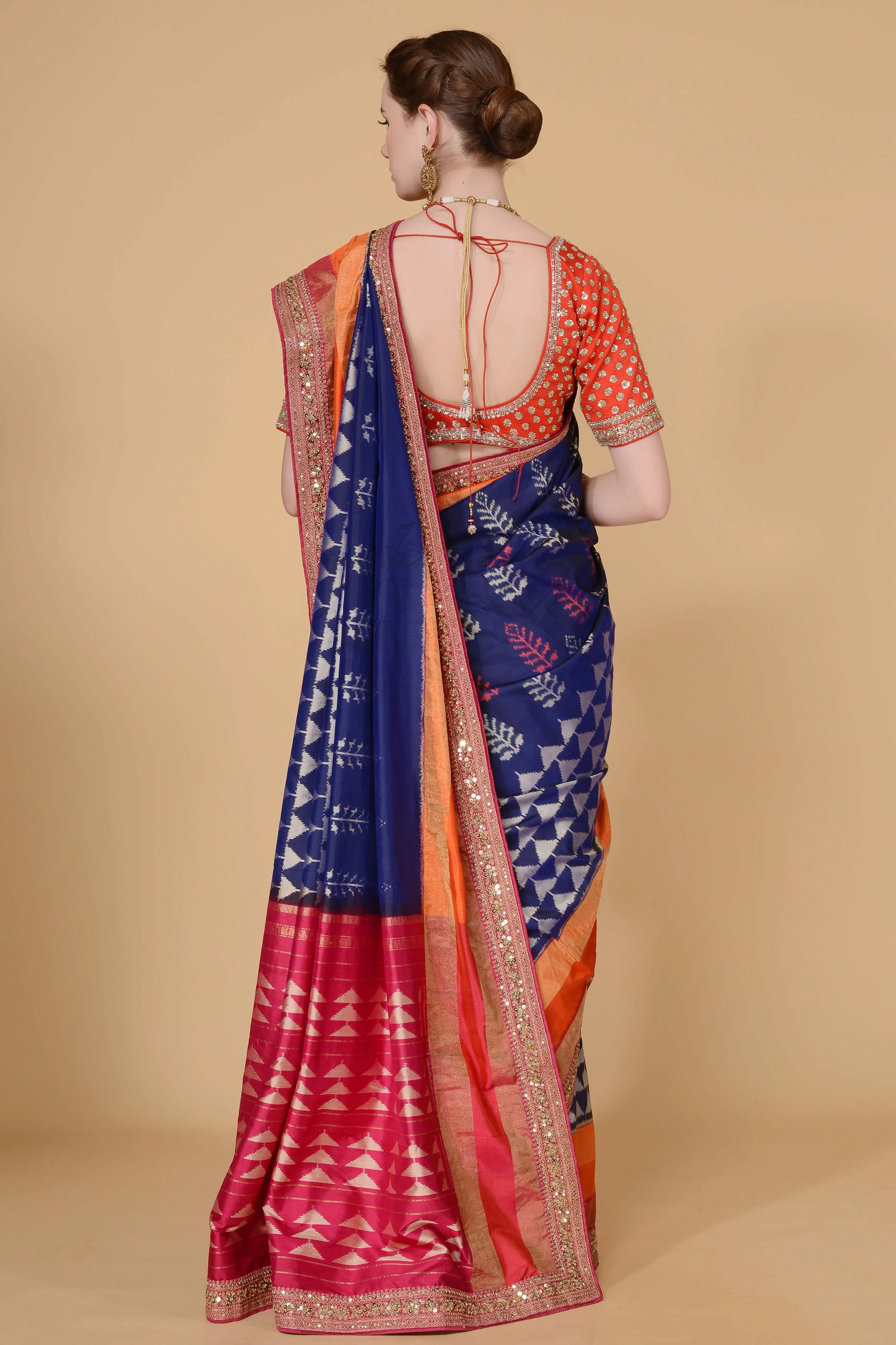 Navy Blue with orange and Pink Border Saree
