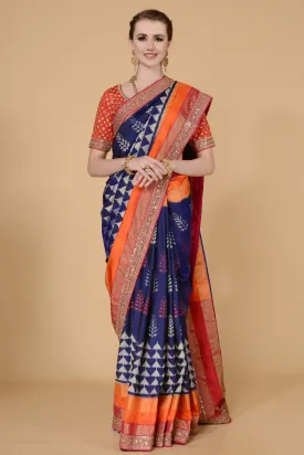Navy Blue with orange and Pink Border Saree