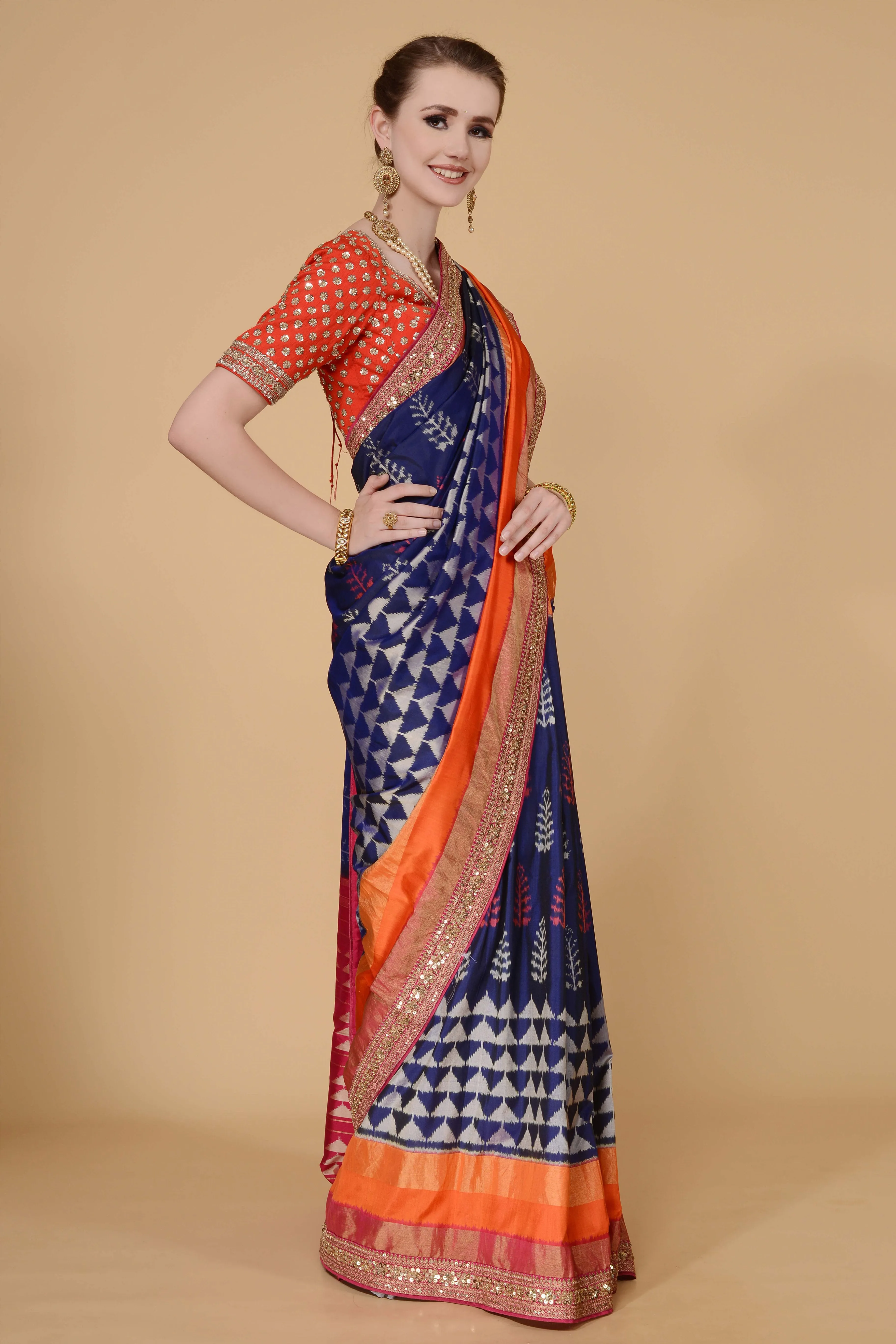 Navy Blue with orange and Pink Border Saree