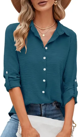 Odosalii Womens Button Down Shirts V Neck Rolled Up Long Sleeve Tops Elegant Dressy Blouses Business Casual Outfits