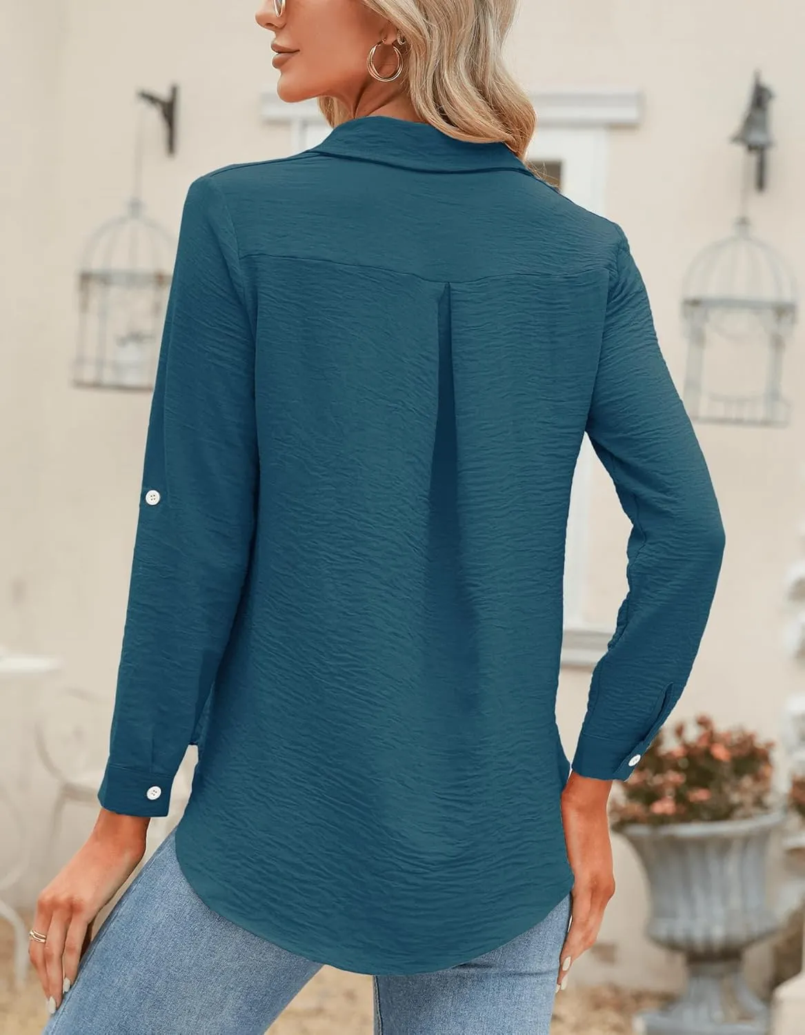 Odosalii Womens Button Down Shirts V Neck Rolled Up Long Sleeve Tops Elegant Dressy Blouses Business Casual Outfits