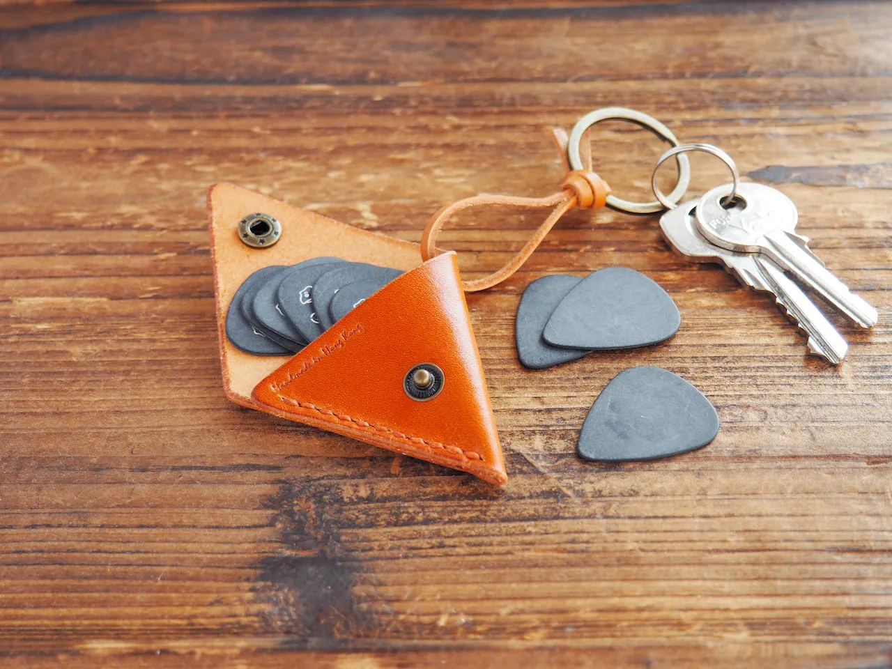 Personalized Leather Folded Guitar Pick Holder Keychain #Honey Brown