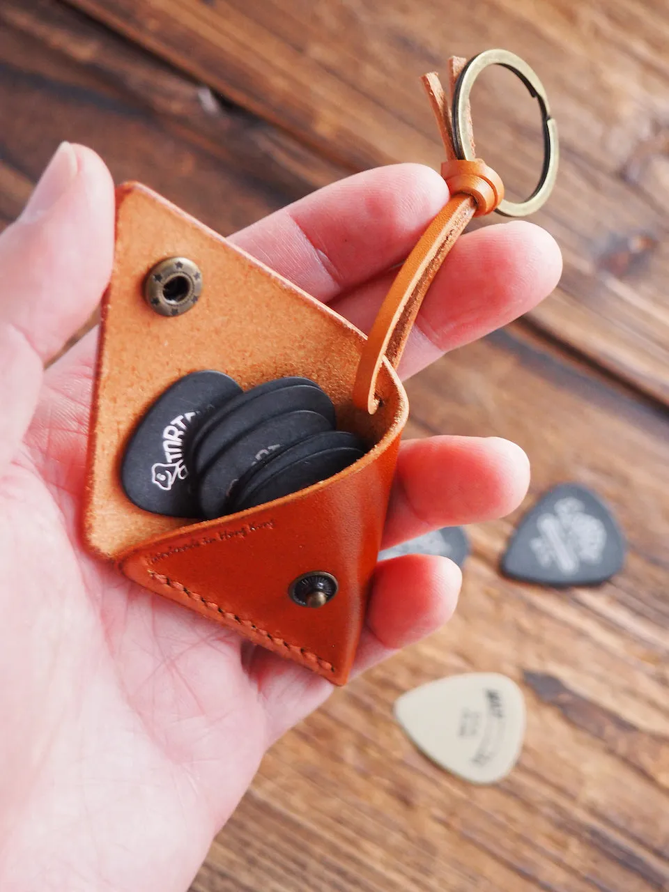 Personalized Leather Folded Guitar Pick Holder Keychain #Honey Brown