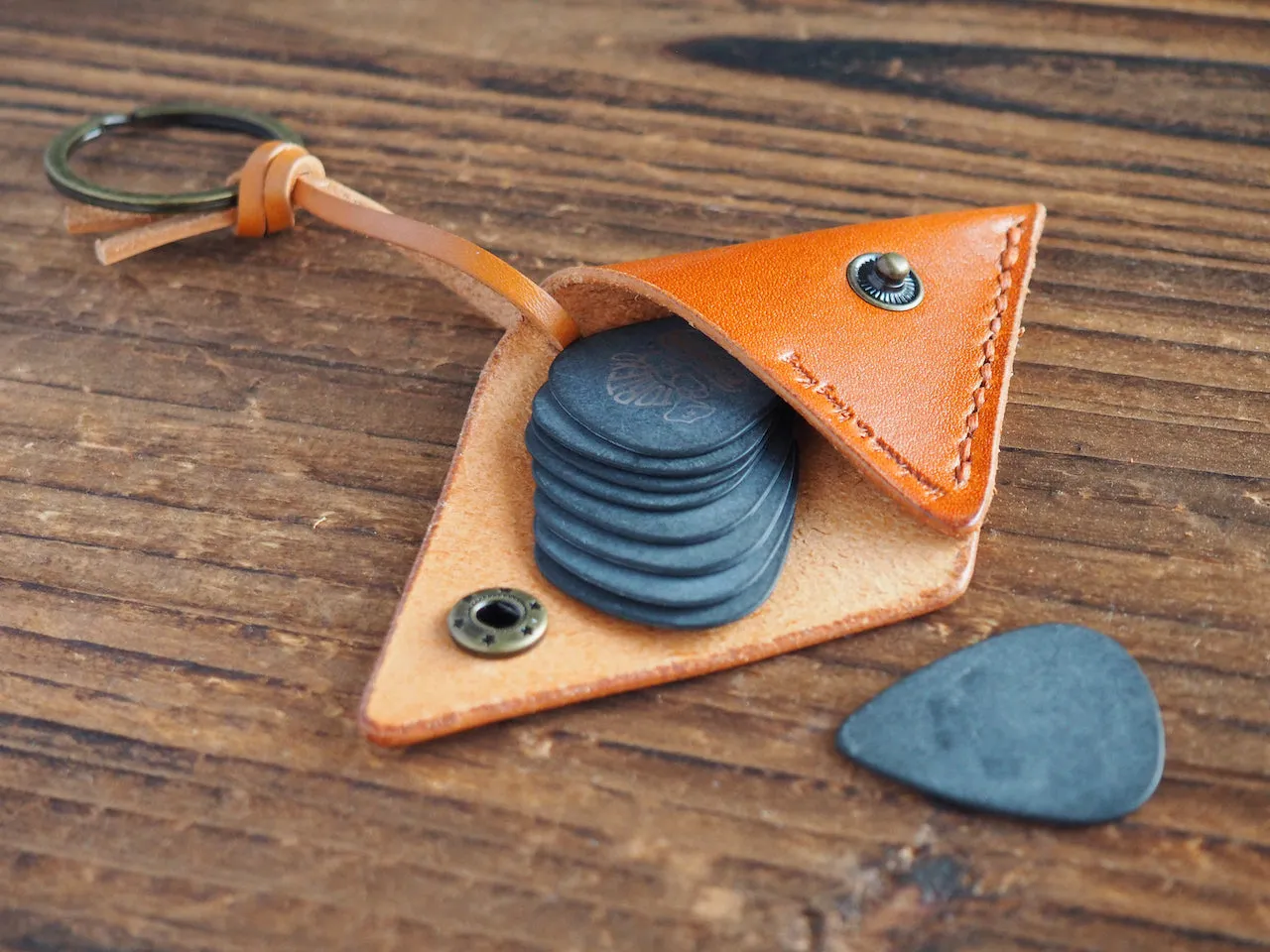 Personalized Leather Folded Guitar Pick Holder Keychain #Honey Brown