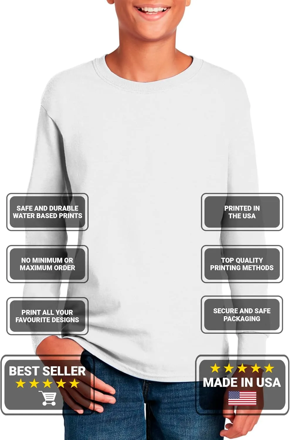 Personalized Shirt for Kids Girls Boys Long Sleeve DIY Your Image Photo Text Custom Tee Front/Back Print