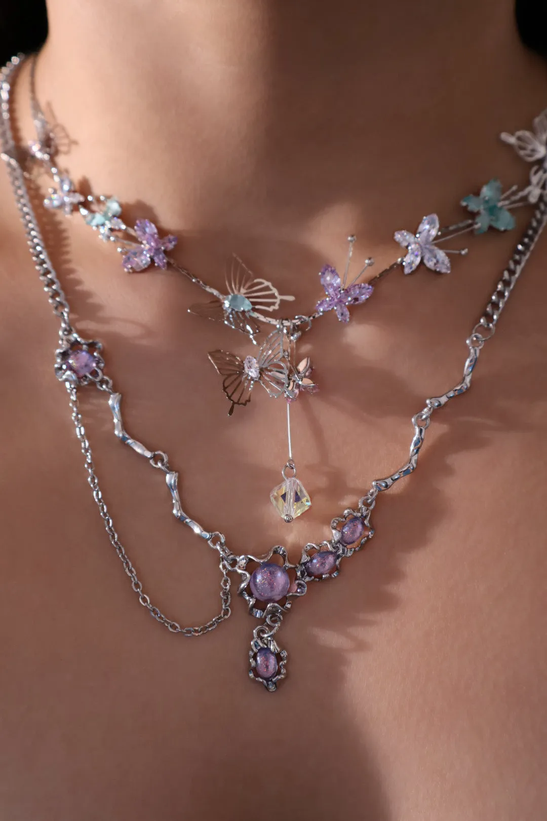 Platinum Plated  Purple Glitter Gem Dangle Necklace