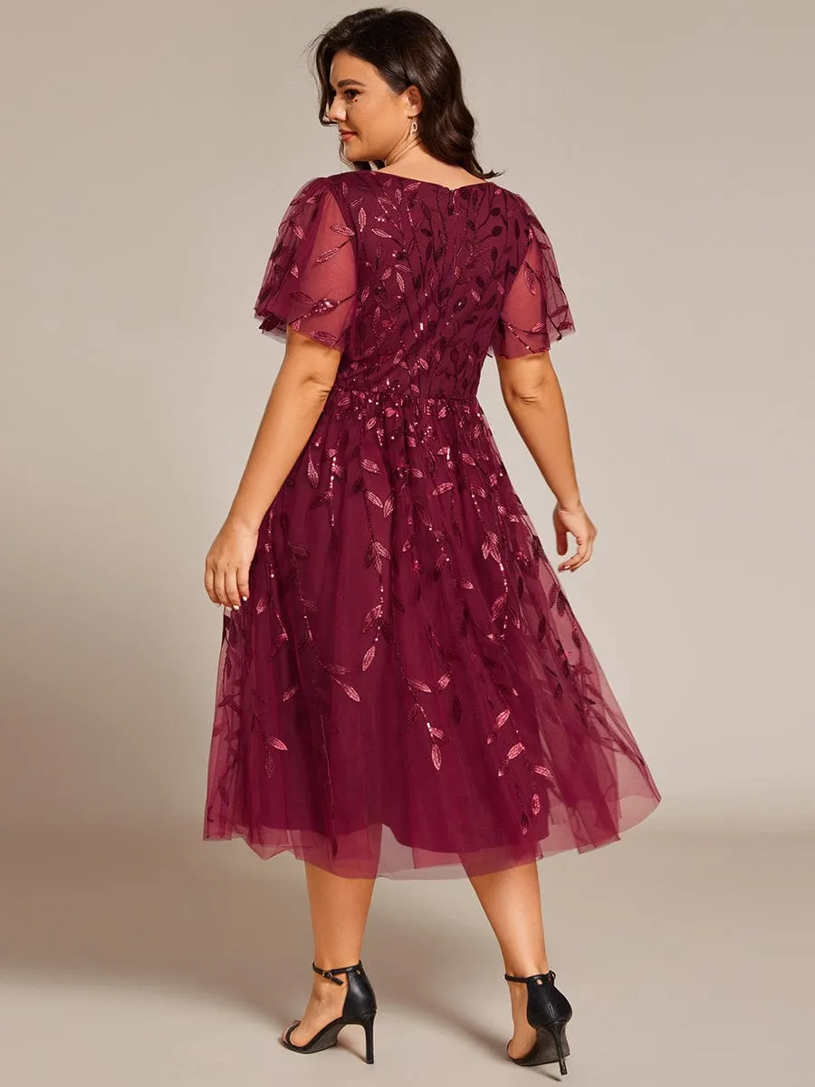 Plus Size Sparkly A-Line Midi Tulle Formal Wedding Guest Dress with Leaf Sequin