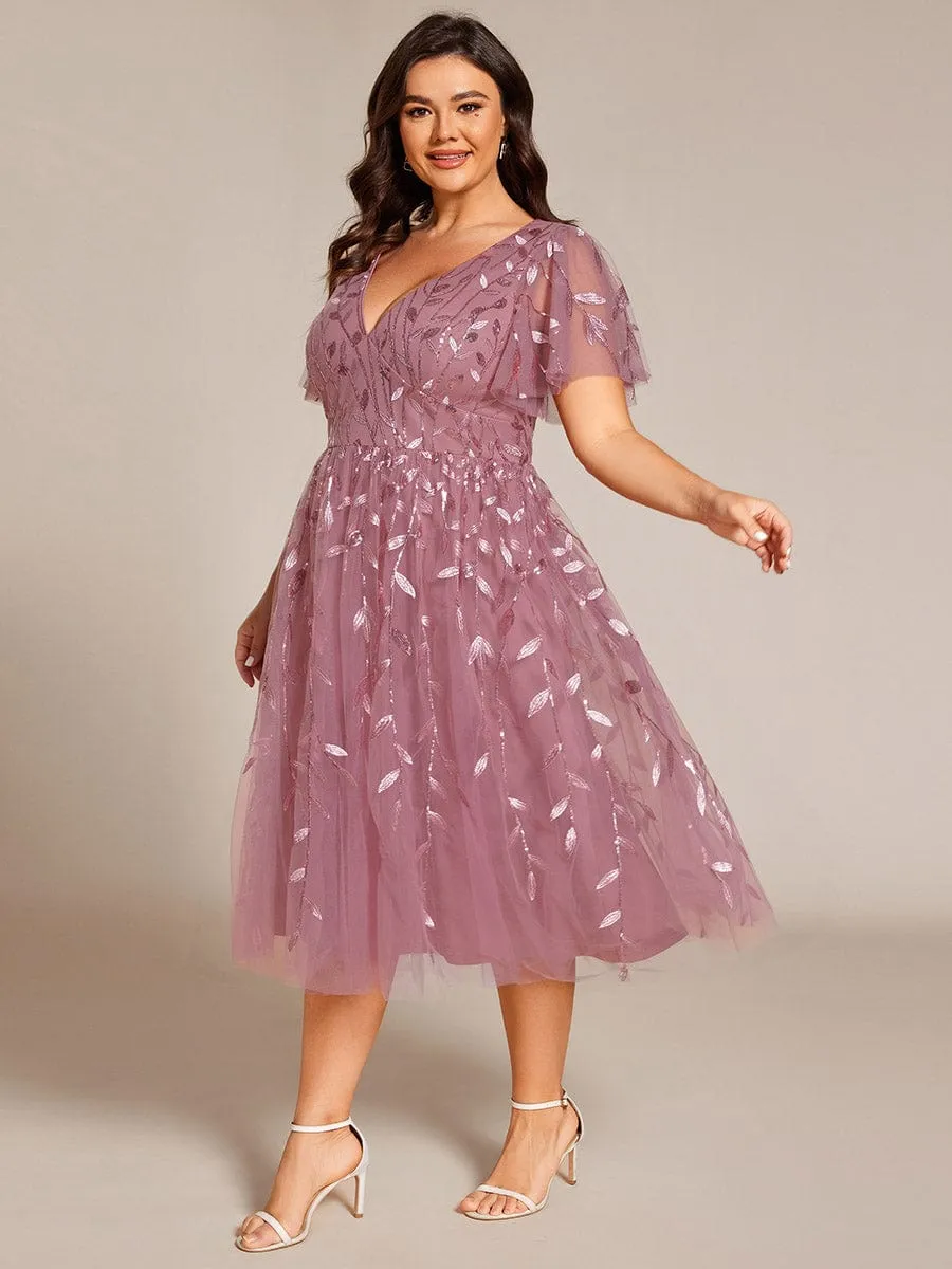 Plus Size Sparkly A-Line Midi Tulle Formal Wedding Guest Dress with Leaf Sequin