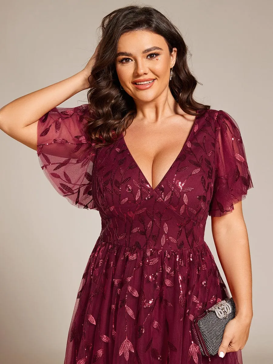 Plus Size Sparkly A-Line Midi Tulle Formal Wedding Guest Dress with Leaf Sequin