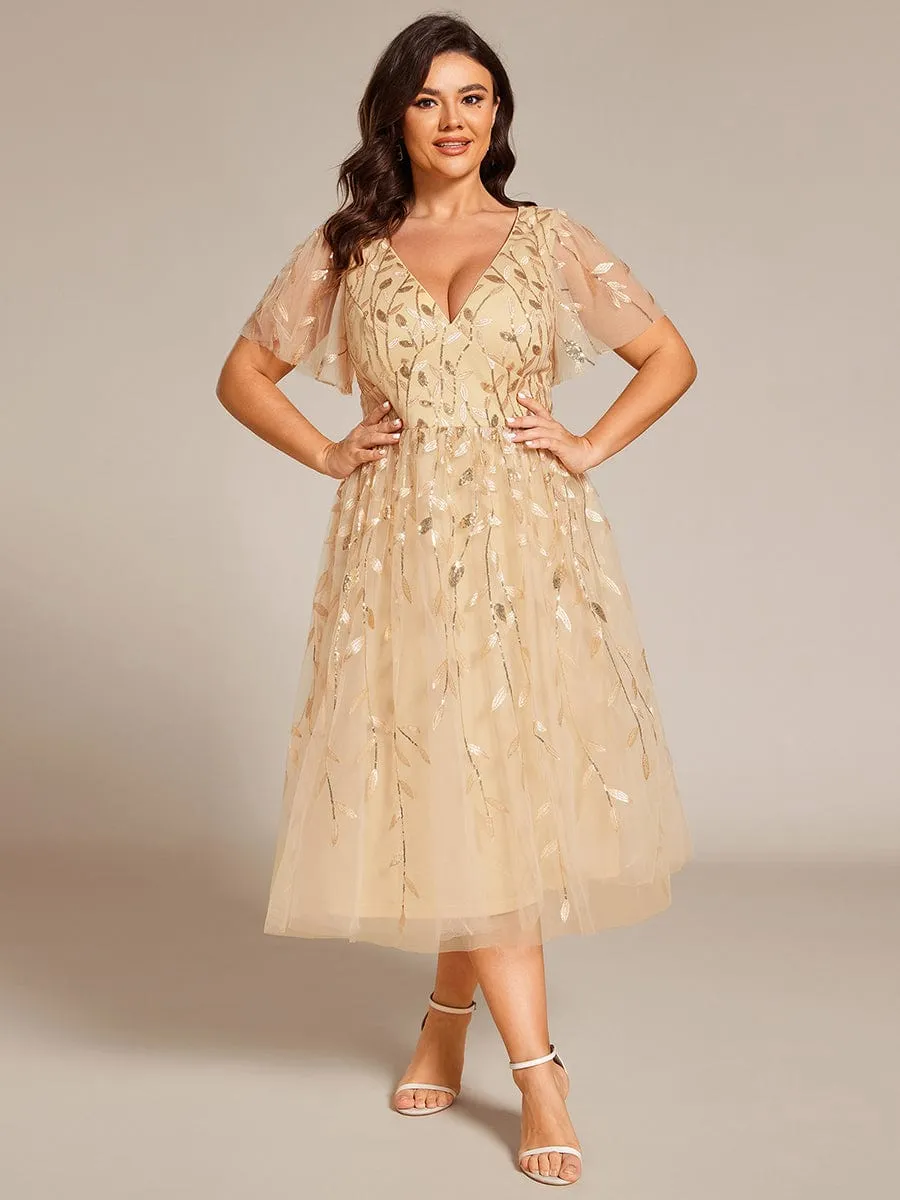 Plus Size Sparkly A-Line Midi Tulle Formal Wedding Guest Dress with Leaf Sequin