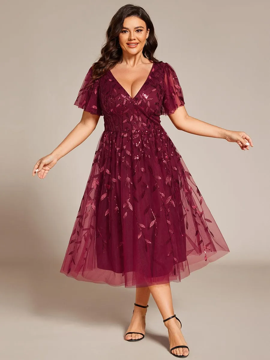 Plus Size Sparkly A-Line Midi Tulle Formal Wedding Guest Dress with Leaf Sequin