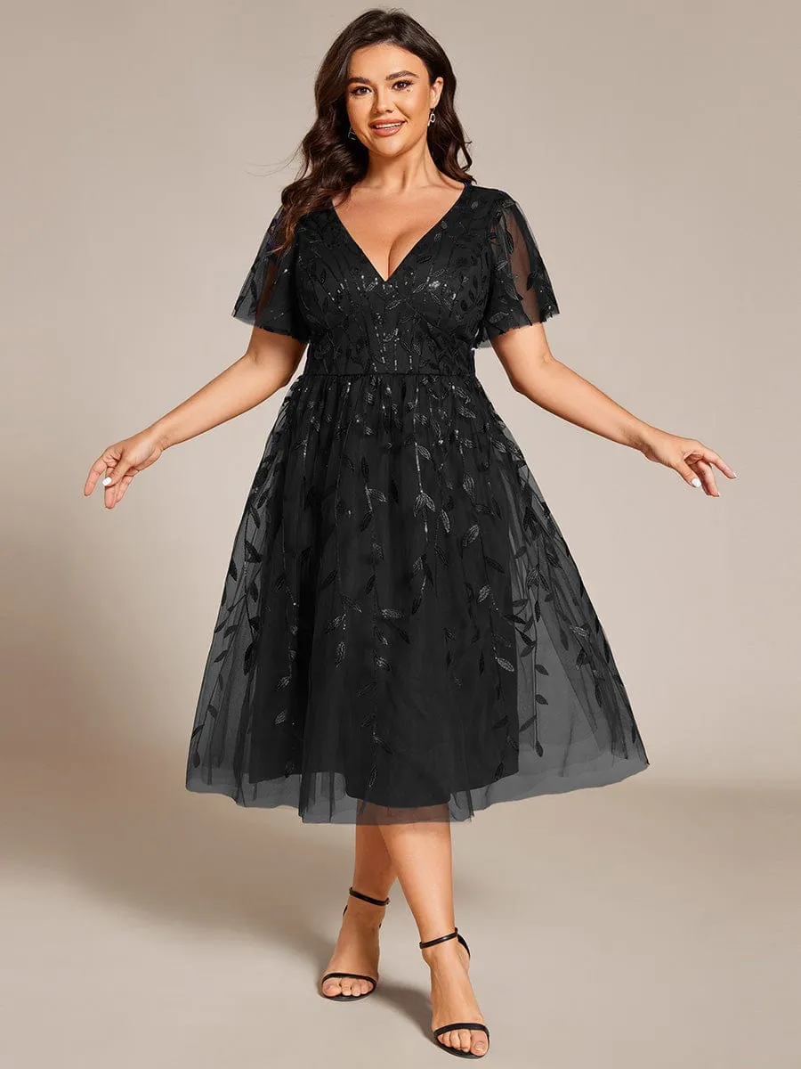 Plus Size Sparkly A-Line Midi Tulle Formal Wedding Guest Dress with Leaf Sequin