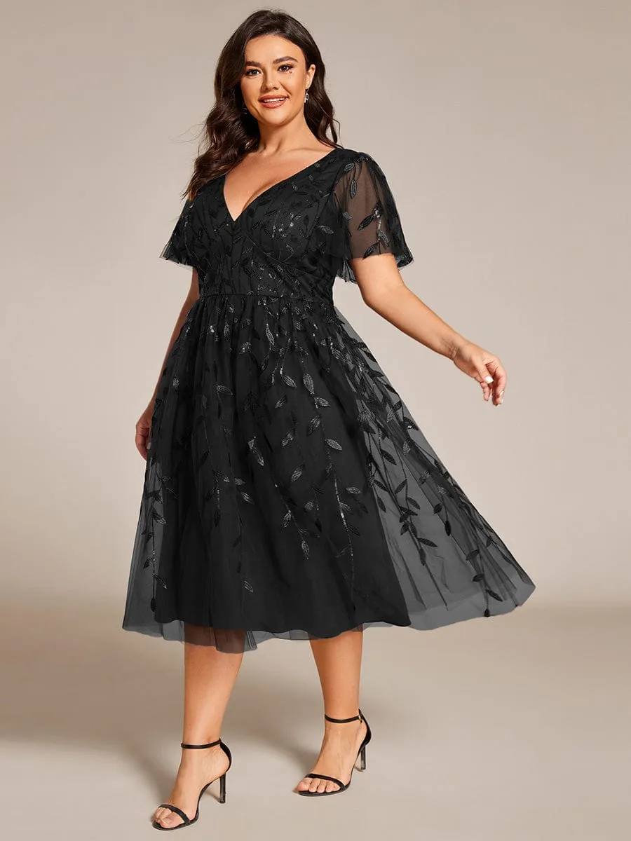 Plus Size Sparkly A-Line Midi Tulle Formal Wedding Guest Dress with Leaf Sequin