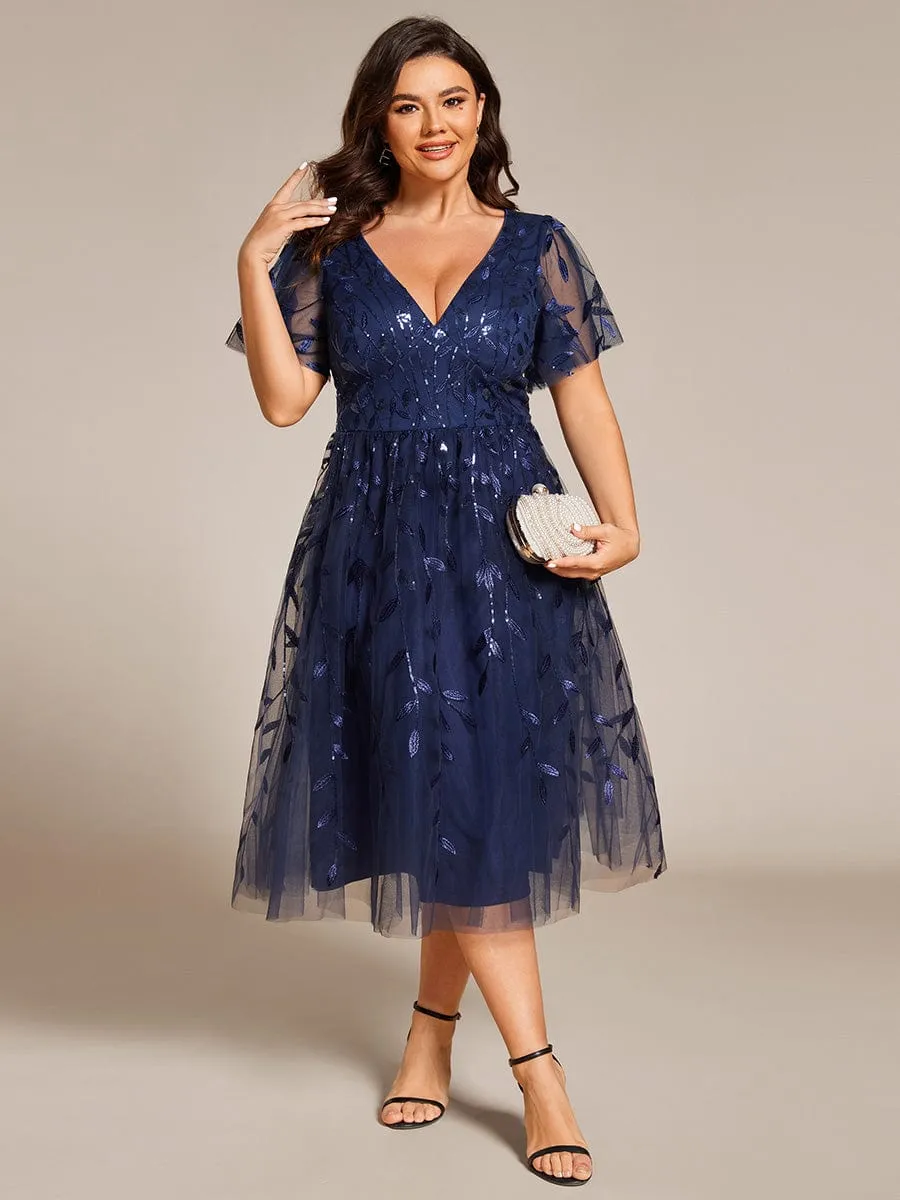 Plus Size Sparkly A-Line Midi Tulle Formal Wedding Guest Dress with Leaf Sequin