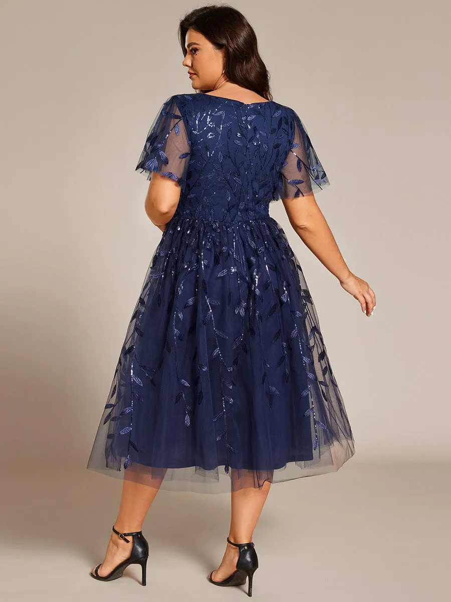 Plus Size Sparkly A-Line Midi Tulle Formal Wedding Guest Dress with Leaf Sequin