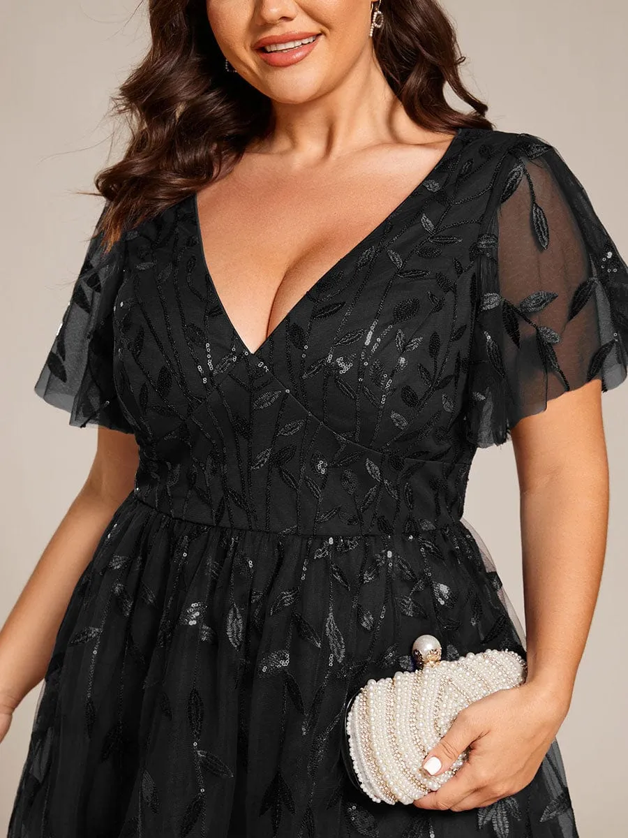 Plus Size Sparkly A-Line Midi Tulle Formal Wedding Guest Dress with Leaf Sequin