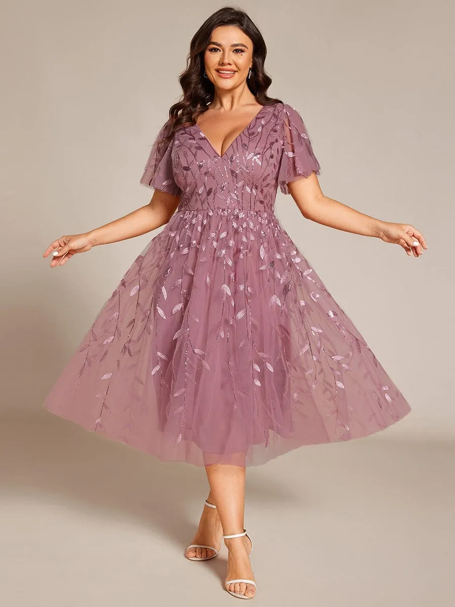 Plus Size Sparkly A-Line Midi Tulle Formal Wedding Guest Dress with Leaf Sequin