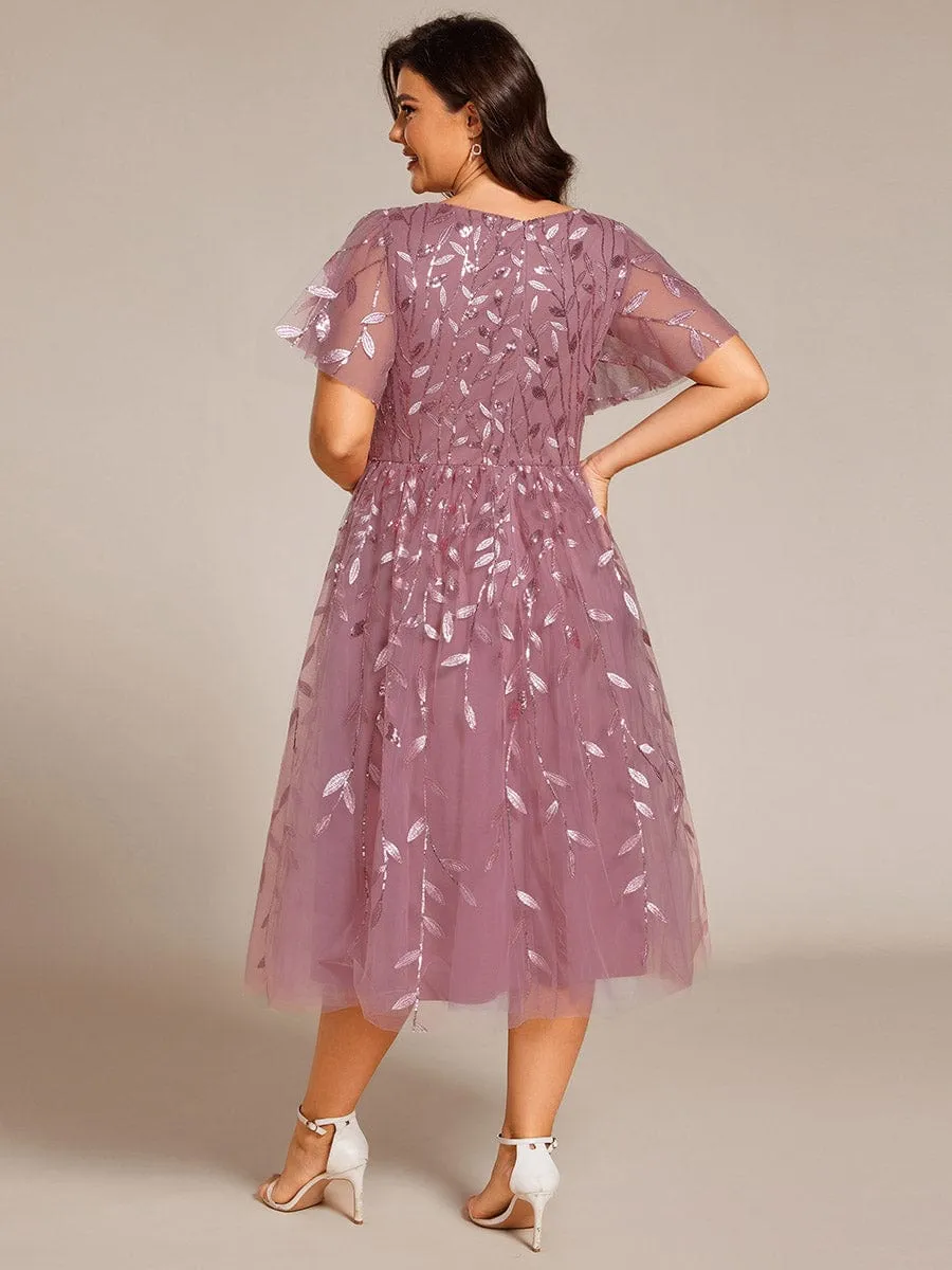 Plus Size Sparkly A-Line Midi Tulle Formal Wedding Guest Dress with Leaf Sequin