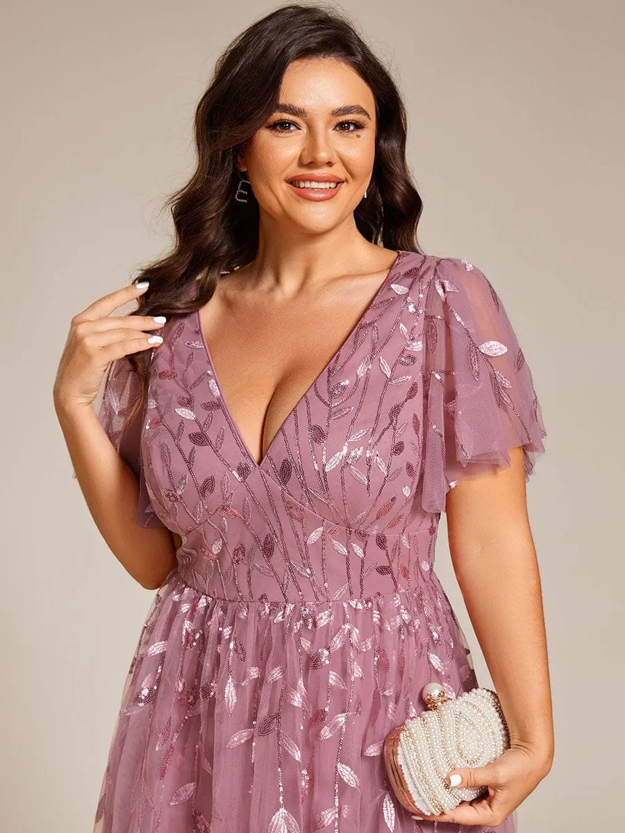 Plus Size Sparkly A-Line Midi Tulle Formal Wedding Guest Dress with Leaf Sequin