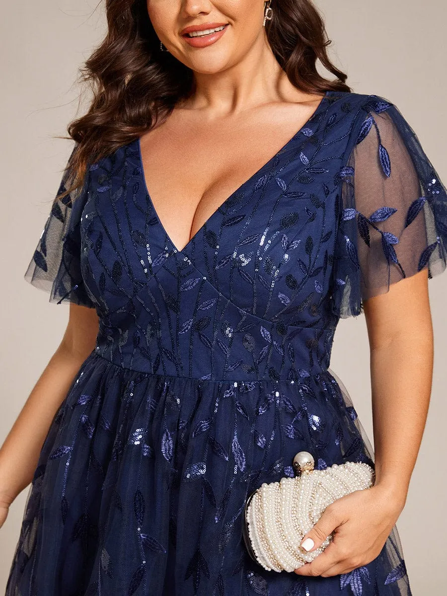 Plus Size Sparkly A-Line Midi Tulle Formal Wedding Guest Dress with Leaf Sequin