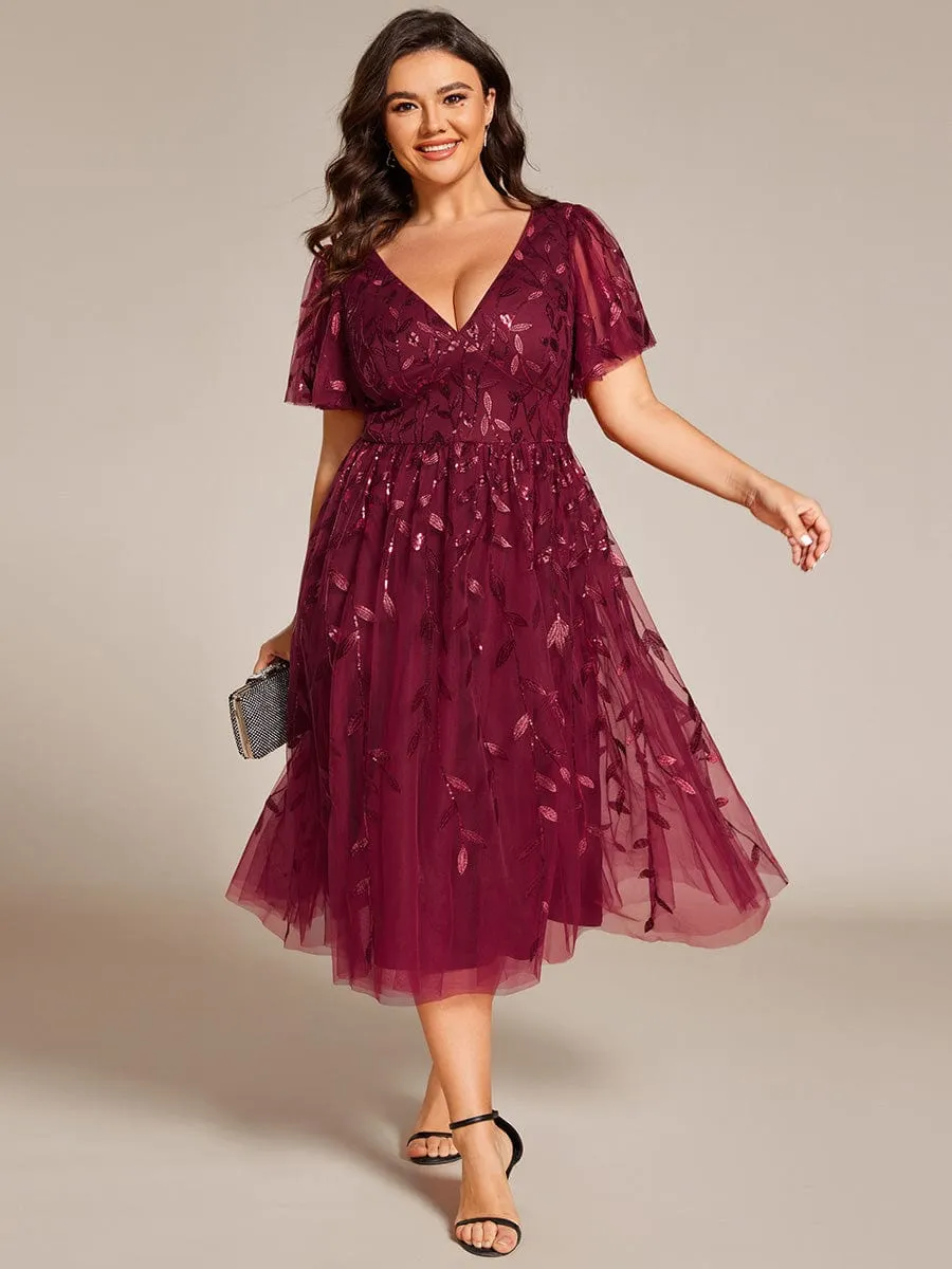 Plus Size Sparkly A-Line Midi Tulle Formal Wedding Guest Dress with Leaf Sequin